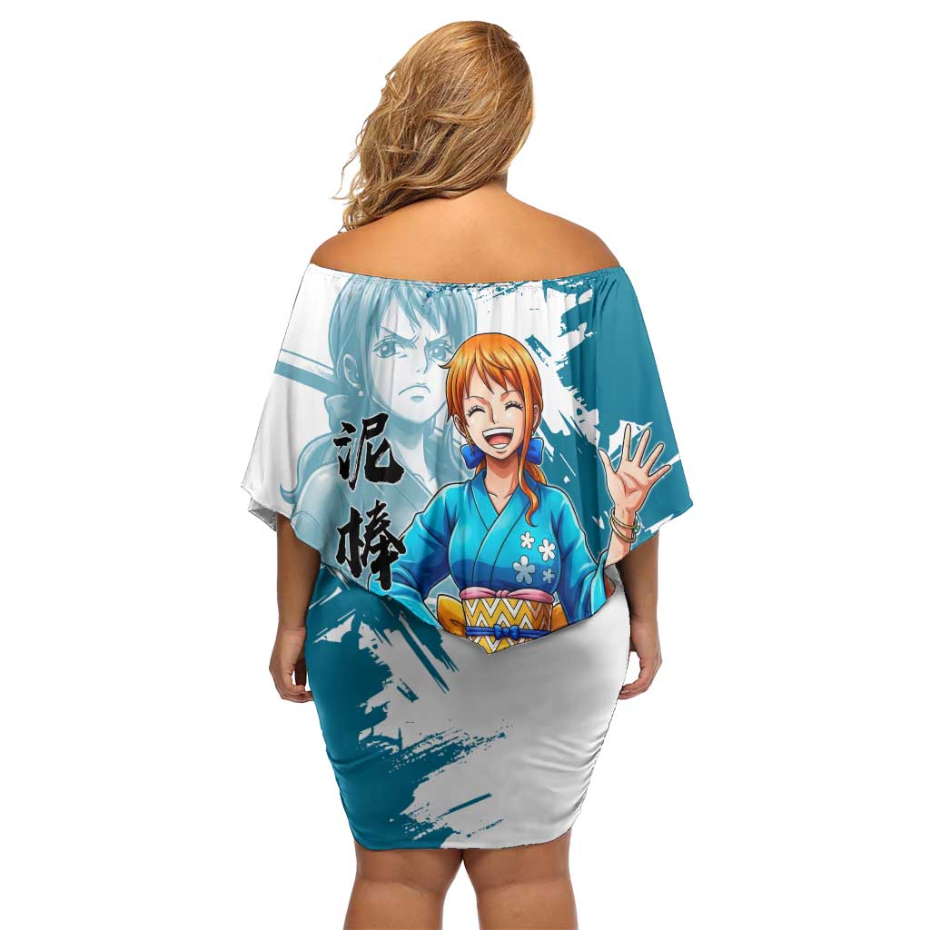 Wano Navigator Nami Off Shoulder Short Dress Floral Kimono Anime Brush Art