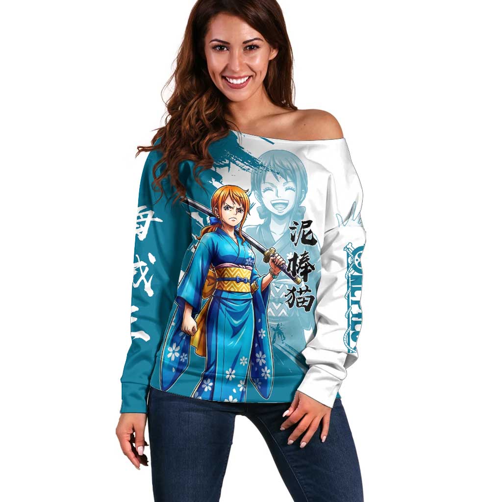 Wano Navigator Nami Off Shoulder Sweater Floral Kimono Anime Brush Art