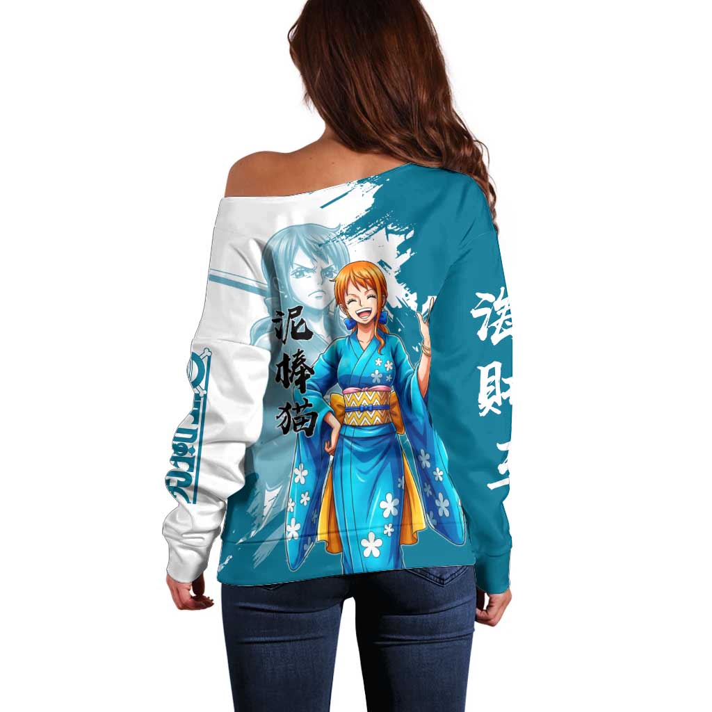 Wano Navigator Nami Off Shoulder Sweater Floral Kimono Anime Brush Art
