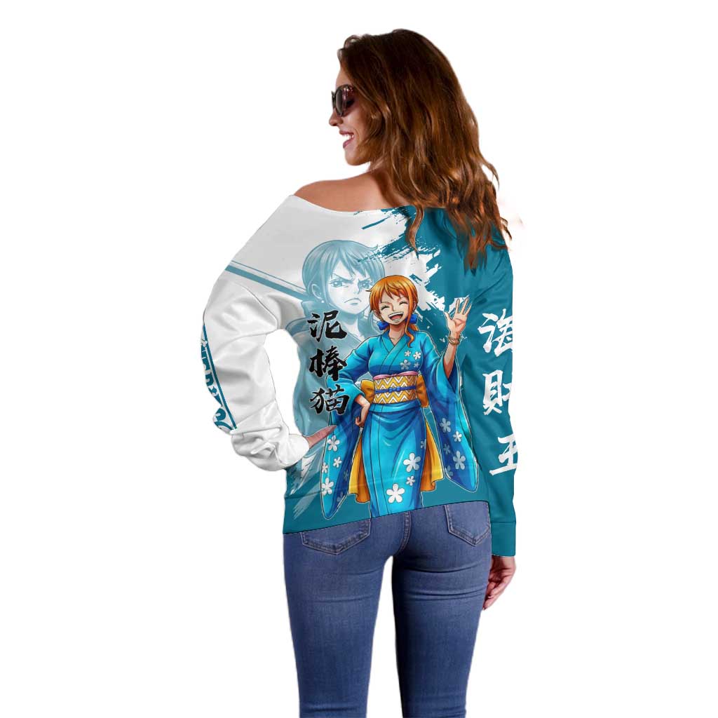 Wano Navigator Nami Off Shoulder Sweater Floral Kimono Anime Brush Art