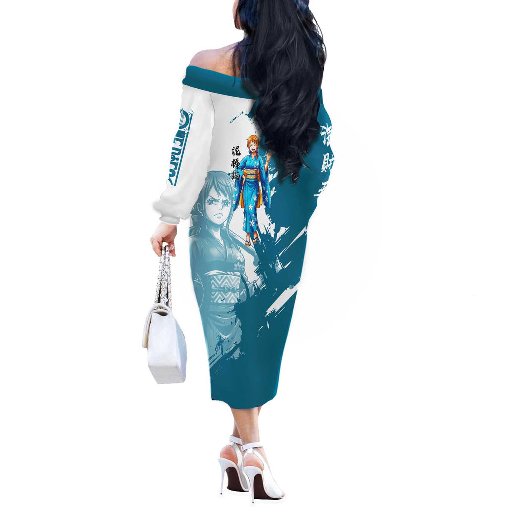 Wano Navigator Nami Off The Shoulder Long Sleeve Dress Floral Kimono Anime Brush Art