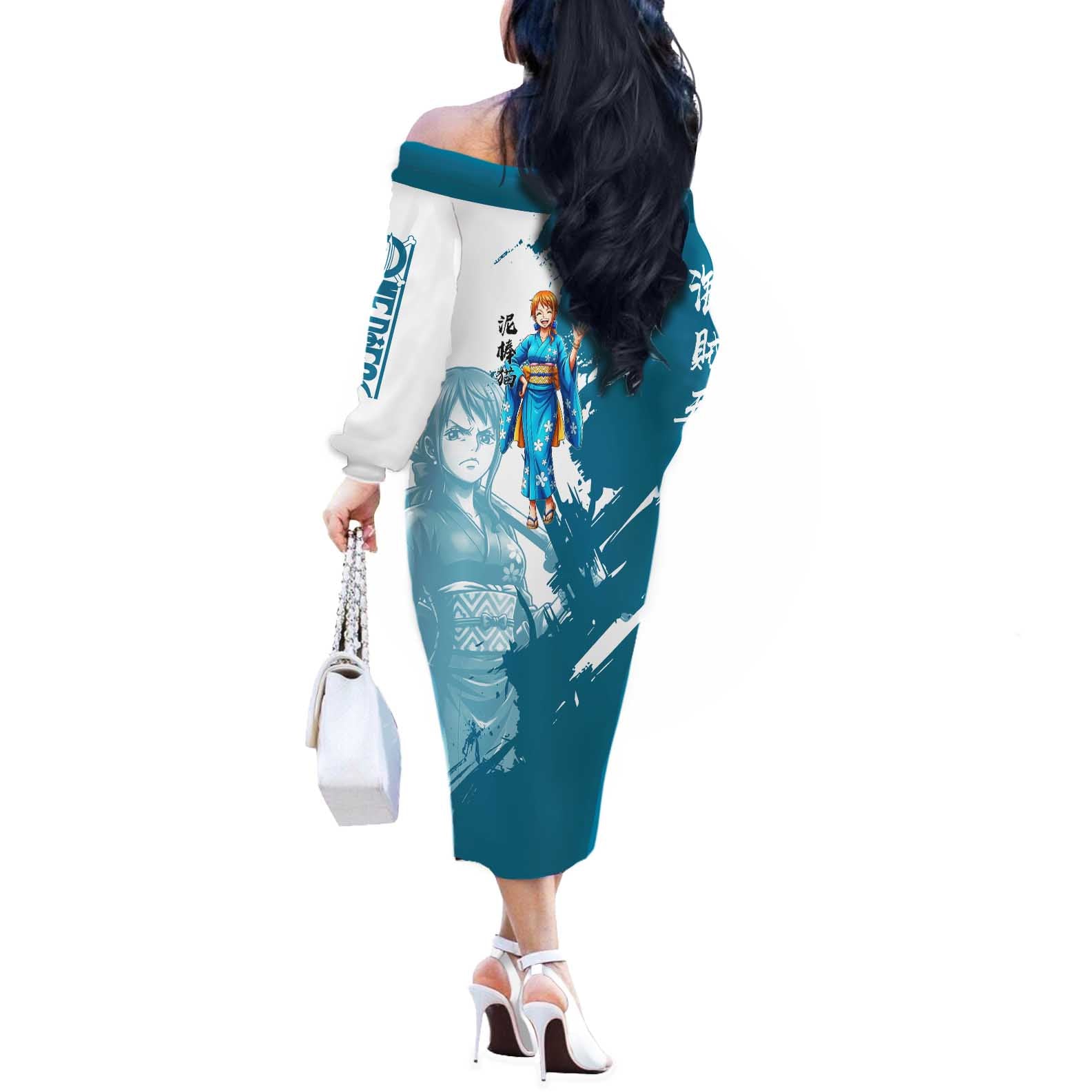 Wano Navigator Nami Off The Shoulder Long Sleeve Dress Floral Kimono Anime Brush Art