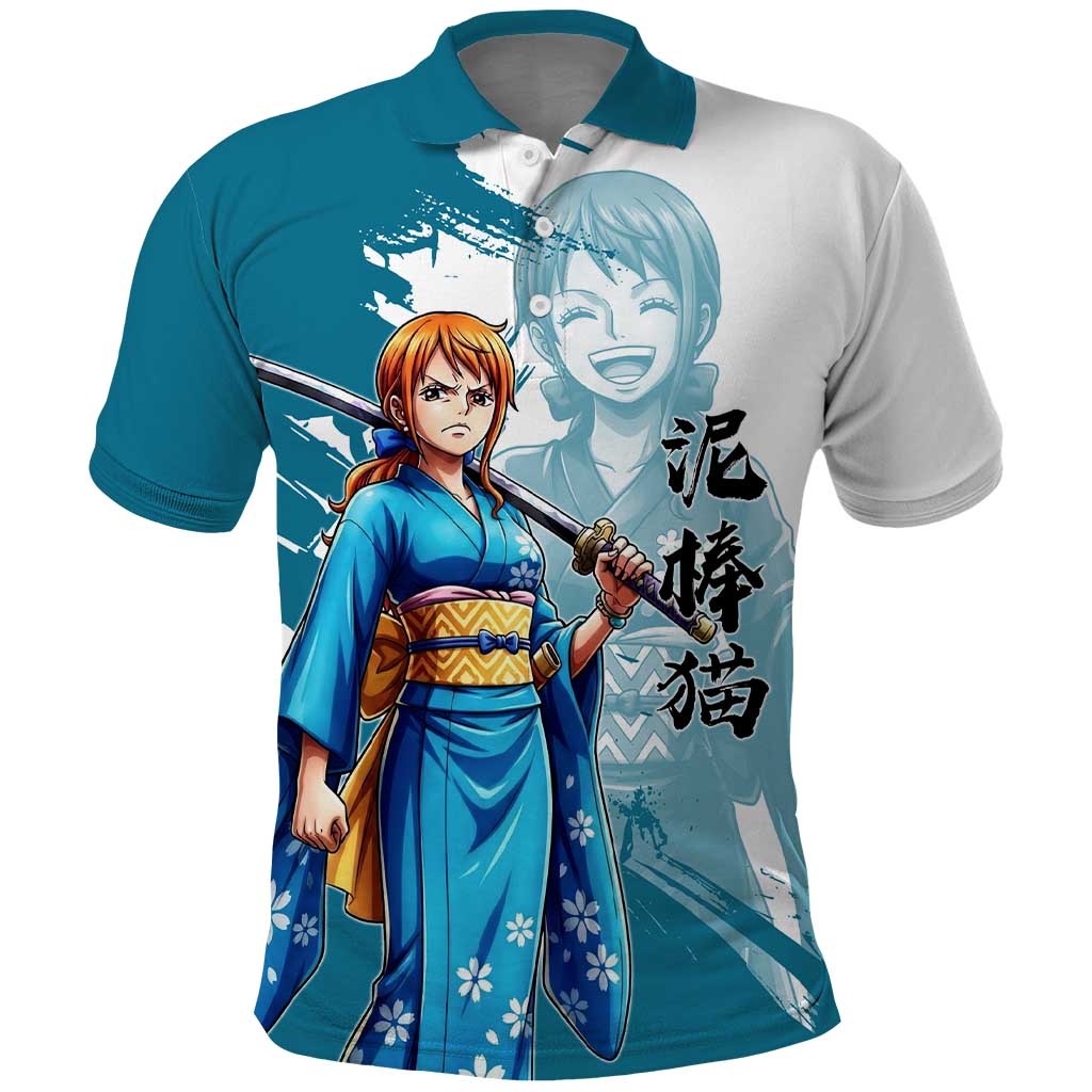 Wano Navigator Nami Polo Shirt Floral Kimono Anime Brush Art