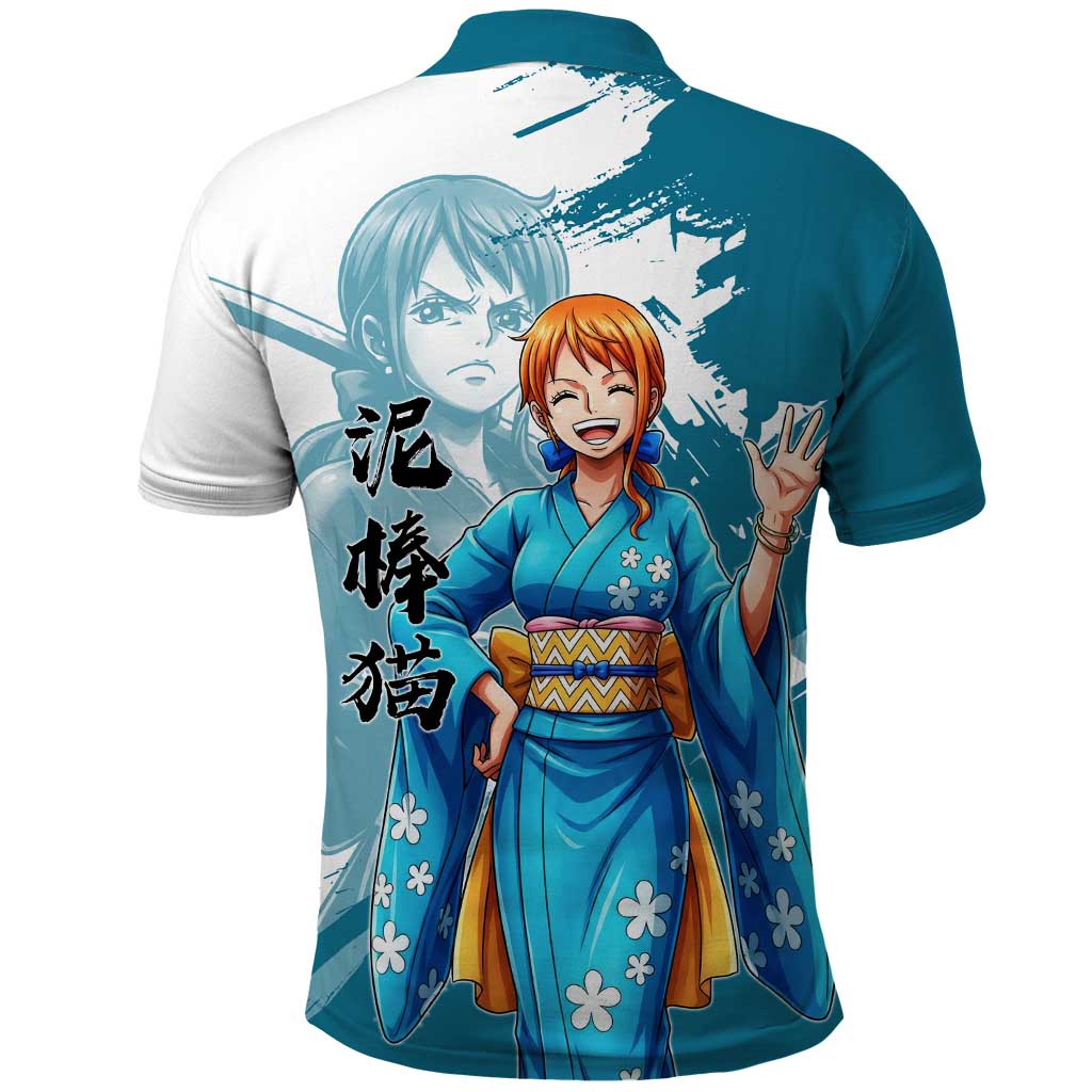 Wano Navigator Nami Polo Shirt Floral Kimono Anime Brush Art