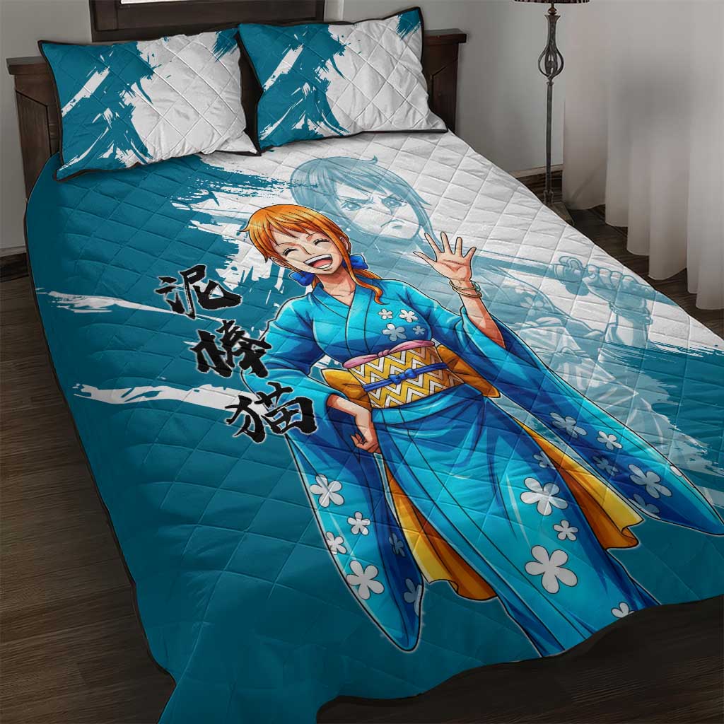 Wano Navigator Nami Quilt Bed Set Floral Kimono Anime Brush Art