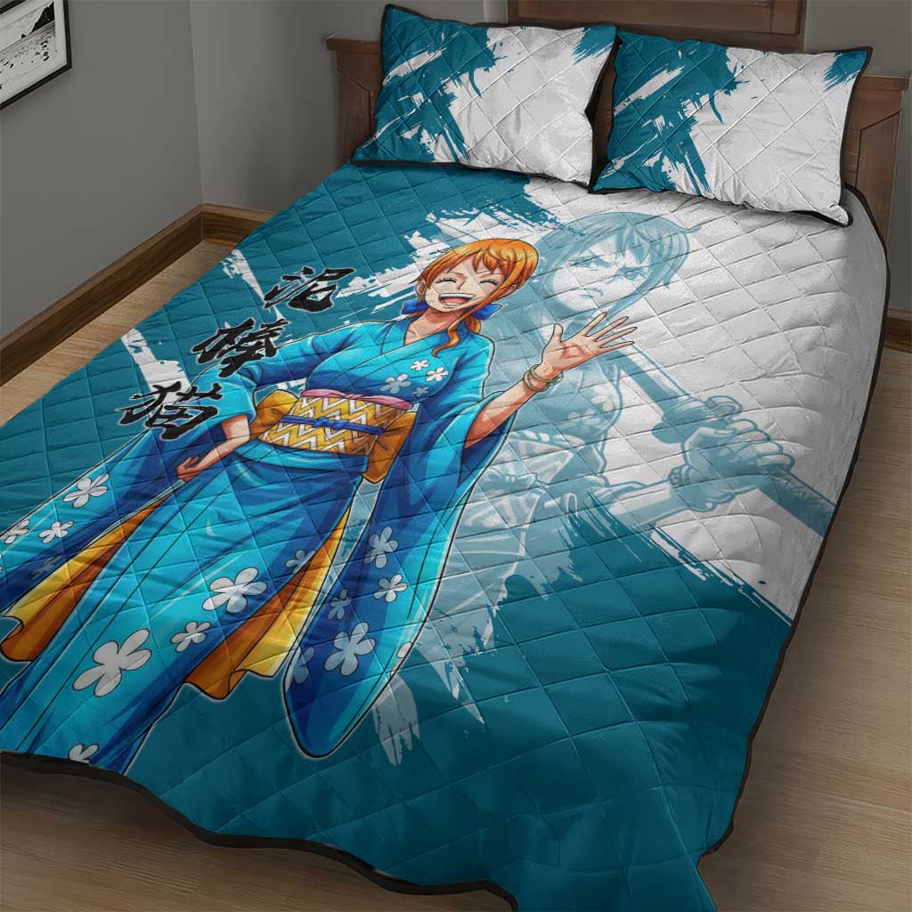 Wano Navigator Nami Quilt Bed Set Floral Kimono Anime Brush Art