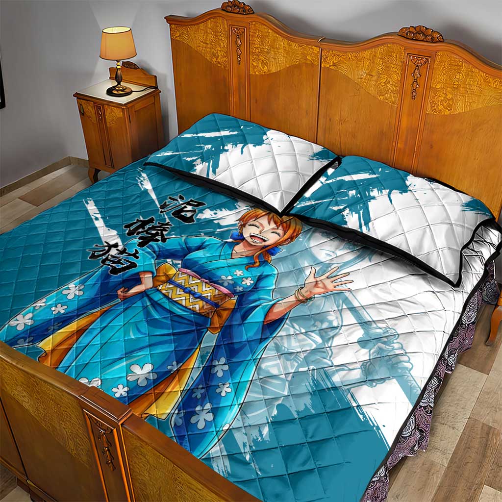 Wano Navigator Nami Quilt Bed Set Floral Kimono Anime Brush Art
