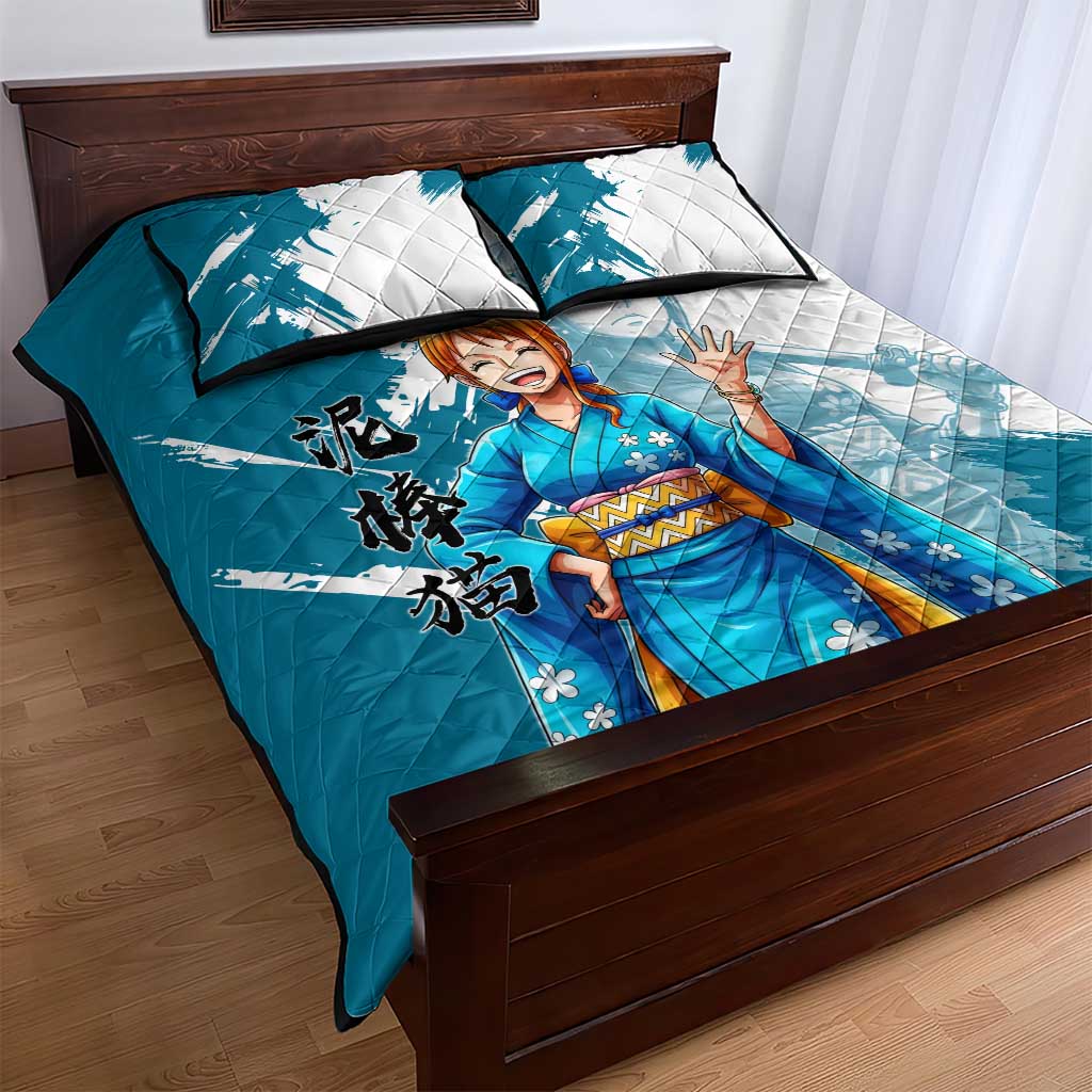 Wano Navigator Nami Quilt Bed Set Floral Kimono Anime Brush Art