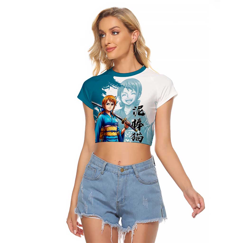 Wano Navigator Nami Raglan Cropped T Shirt Floral Kimono Anime Brush Art