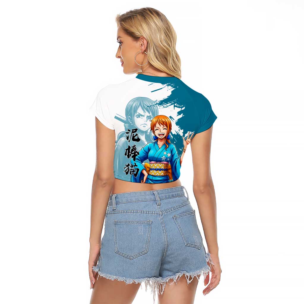 Wano Navigator Nami Raglan Cropped T Shirt Floral Kimono Anime Brush Art