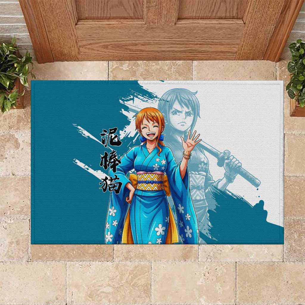 Wano Navigator Nami Rubber Doormat Floral Kimono Anime Brush Art