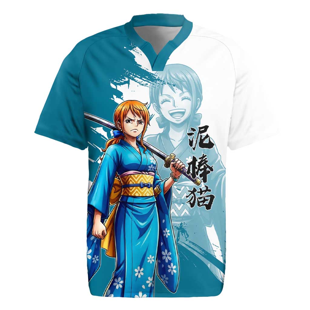 Wano Navigator Nami Rugby Jersey Floral Kimono Anime Brush Art
