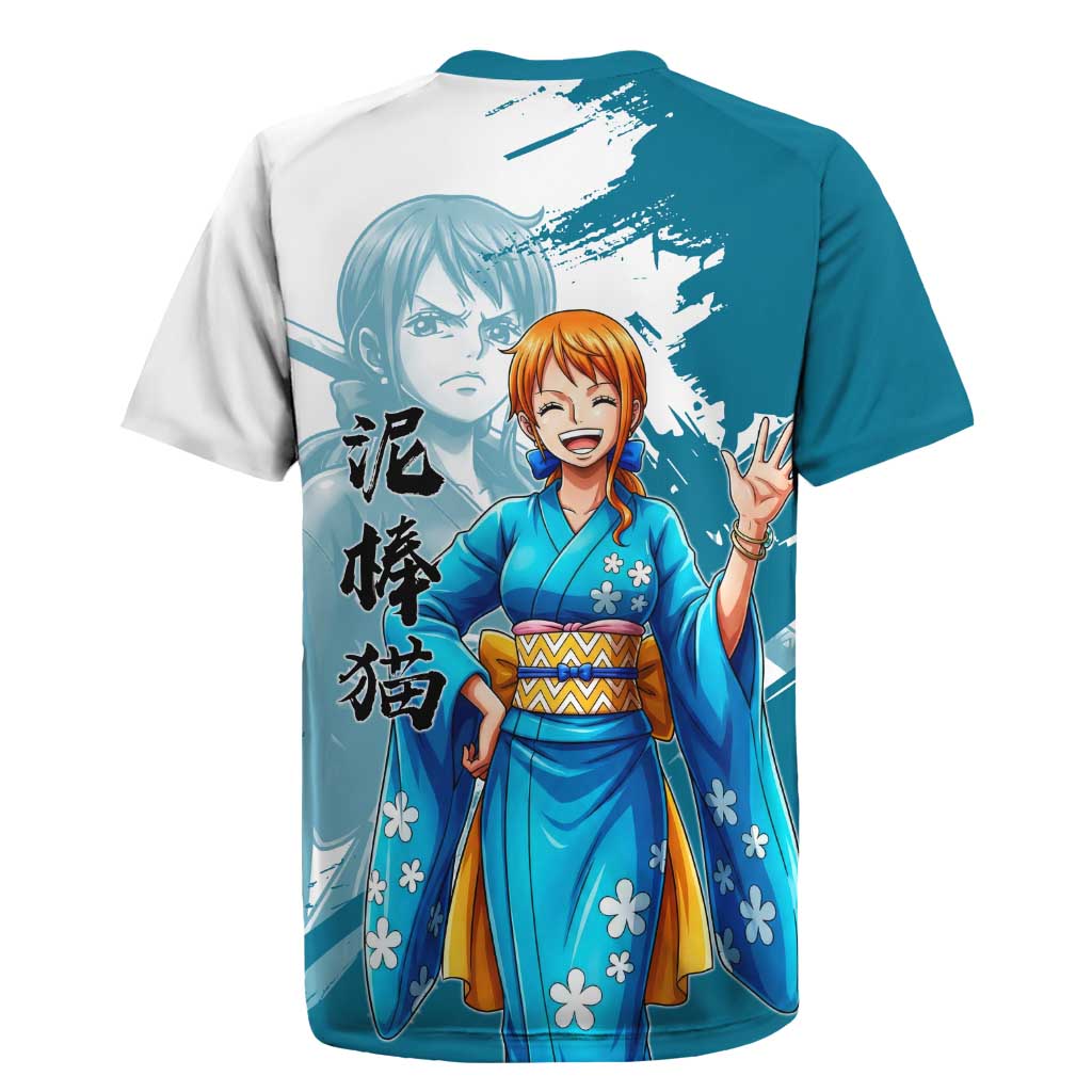 Wano Navigator Nami Rugby Jersey Floral Kimono Anime Brush Art