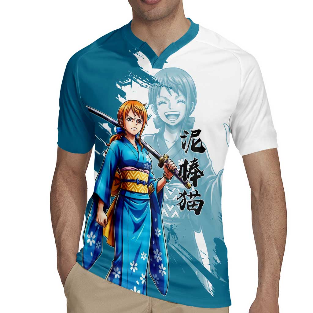 Wano Navigator Nami Rugby Jersey Floral Kimono Anime Brush Art
