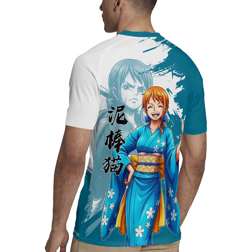 Wano Navigator Nami Rugby Jersey Floral Kimono Anime Brush Art