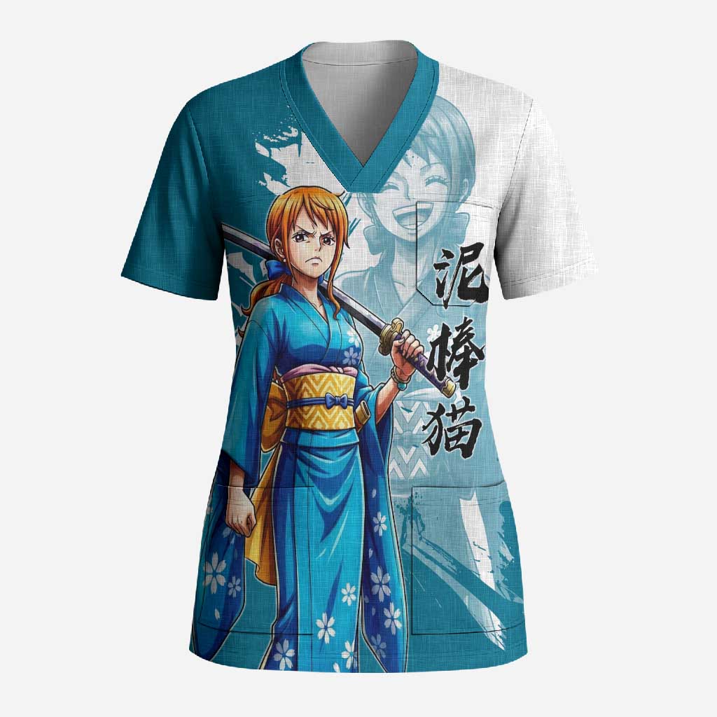 Wano Navigator Nami Scrub Top Floral Kimono Anime Brush Art