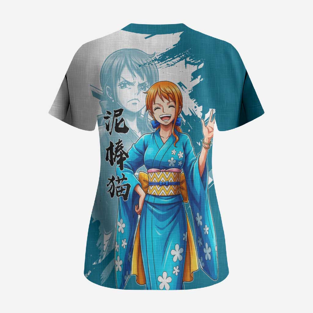 Wano Navigator Nami Scrub Top Floral Kimono Anime Brush Art