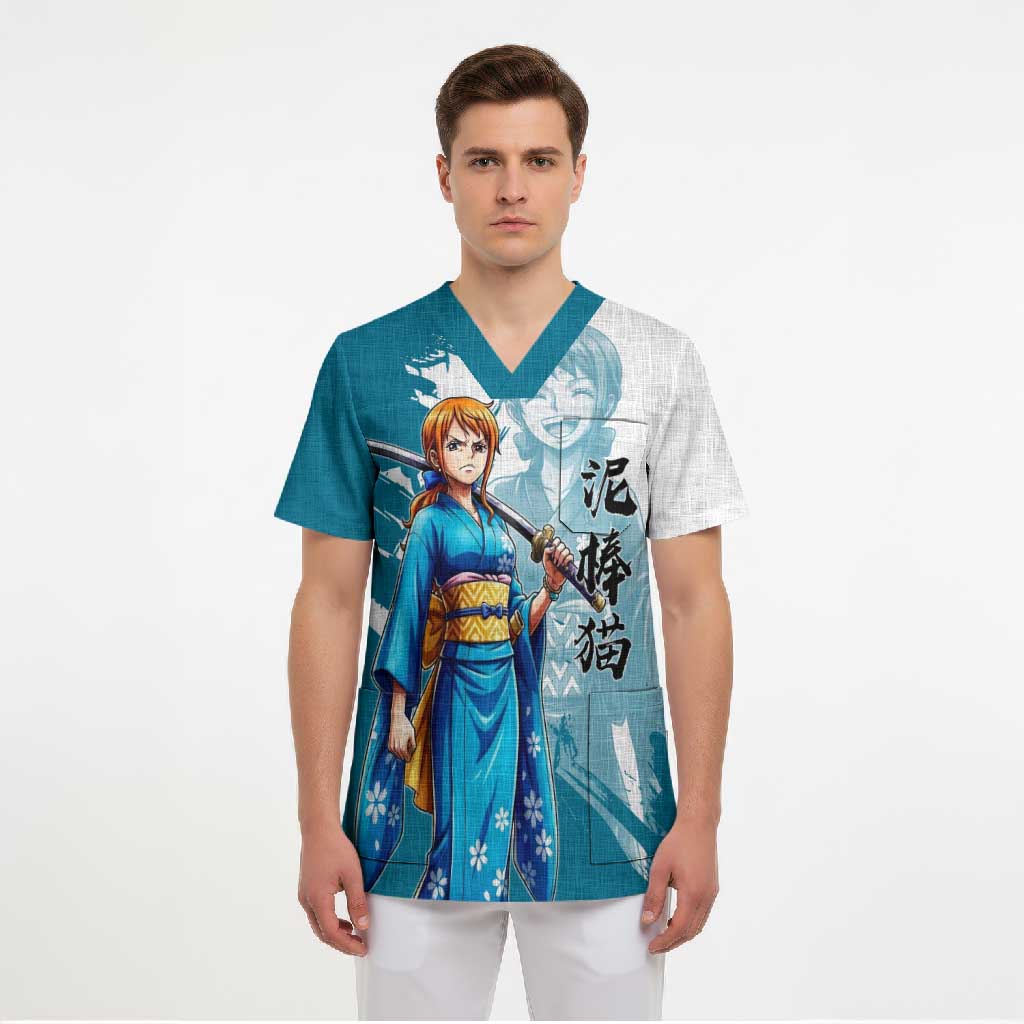 Wano Navigator Nami Scrub Top Floral Kimono Anime Brush Art