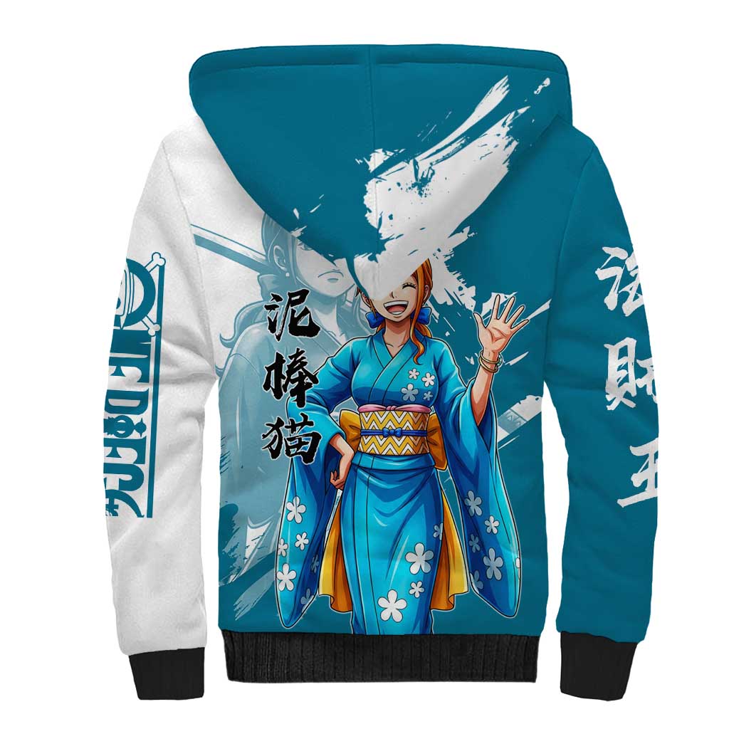 Wano Navigator Nami Sherpa Hoodie Floral Kimono Anime Brush Art