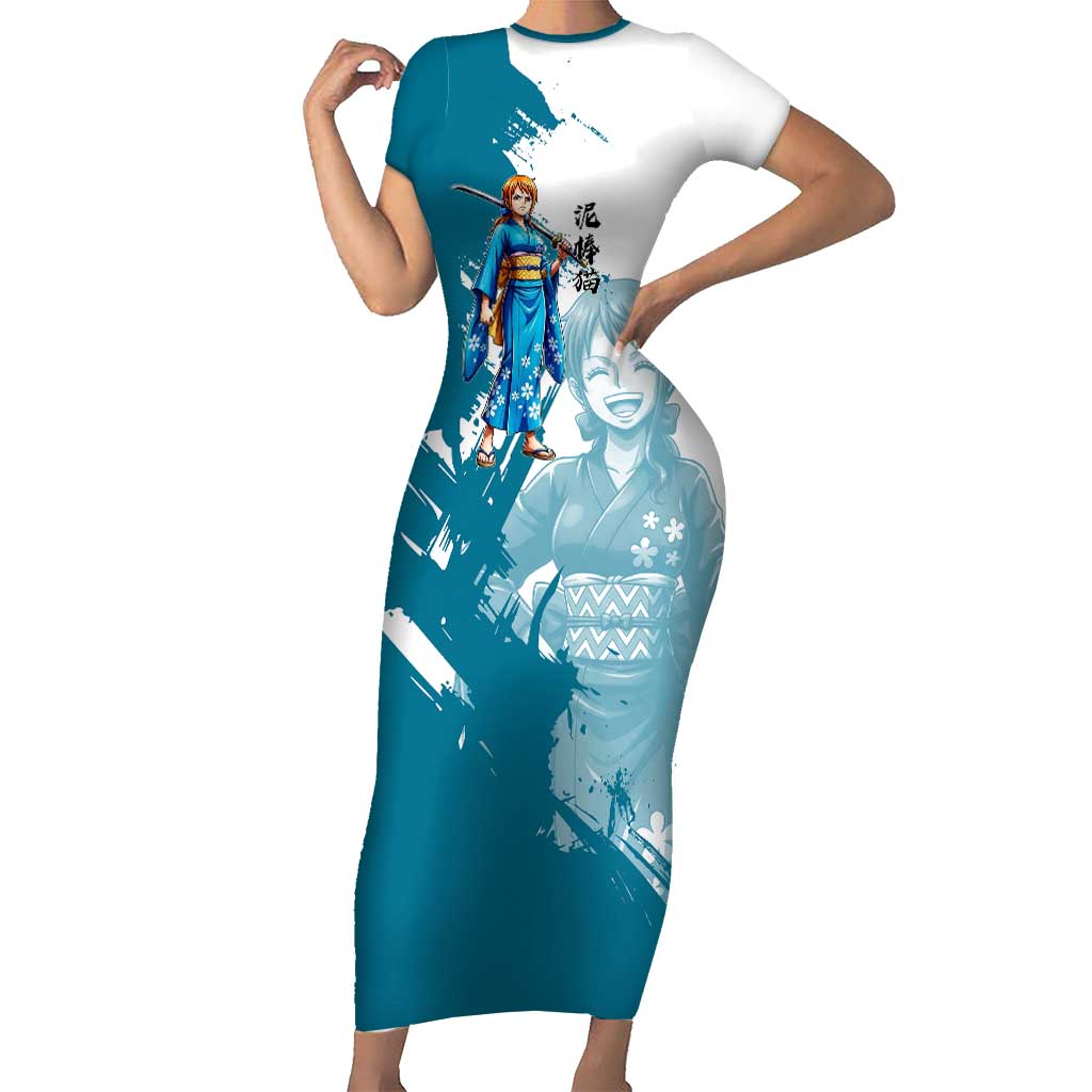 Wano Navigator Nami Short Sleeve Bodycon Dress Floral Kimono Anime Brush Art