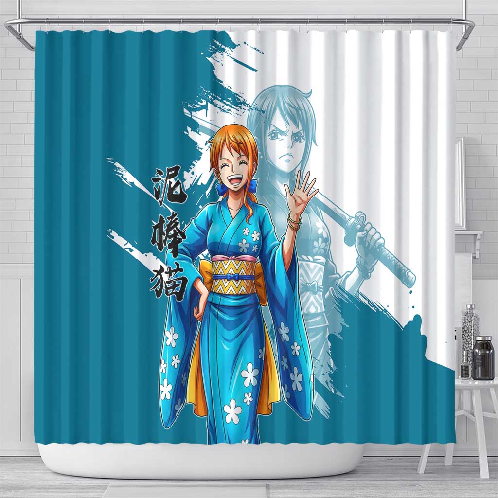 Wano Navigator Nami Shower Curtain Floral Kimono Anime Brush Art