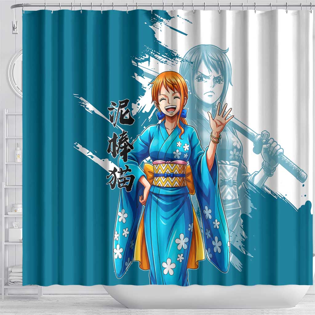 Wano Navigator Nami Shower Curtain Floral Kimono Anime Brush Art