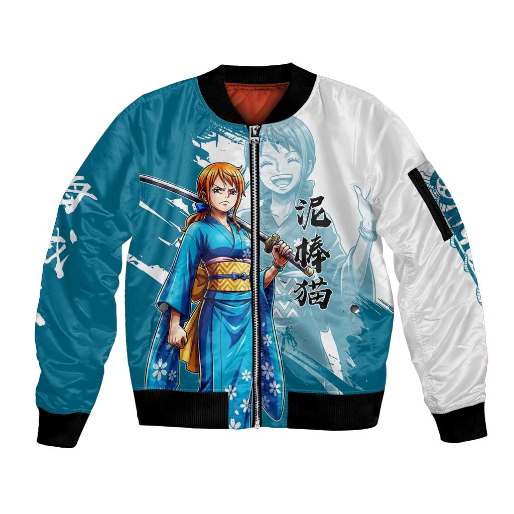 Wano Navigator Nami Sleeve Zip Bomber Jacket Floral Kimono Anime Brush Art