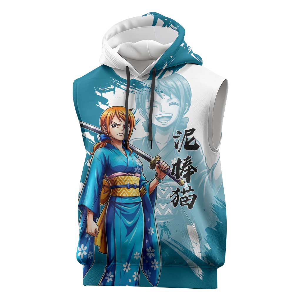 Wano Navigator Nami Sleeveless Hoodie Floral Kimono Anime Brush Art