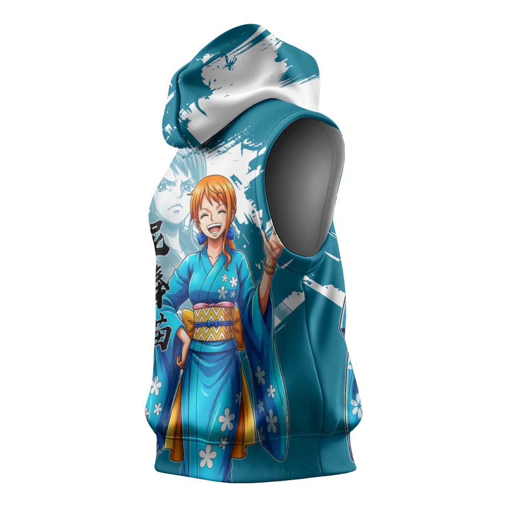 Wano Navigator Nami Sleeveless Hoodie Floral Kimono Anime Brush Art