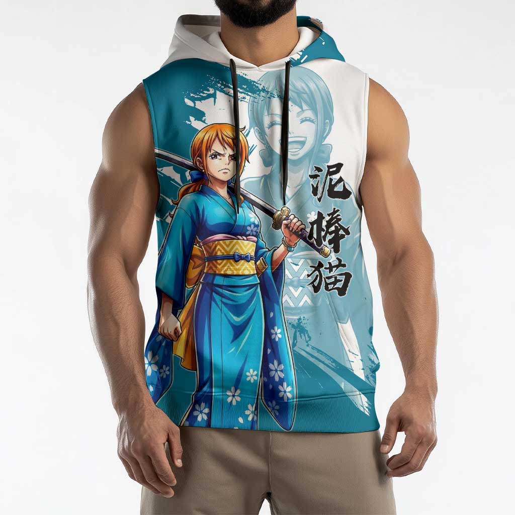 Wano Navigator Nami Sleeveless Hoodie Floral Kimono Anime Brush Art