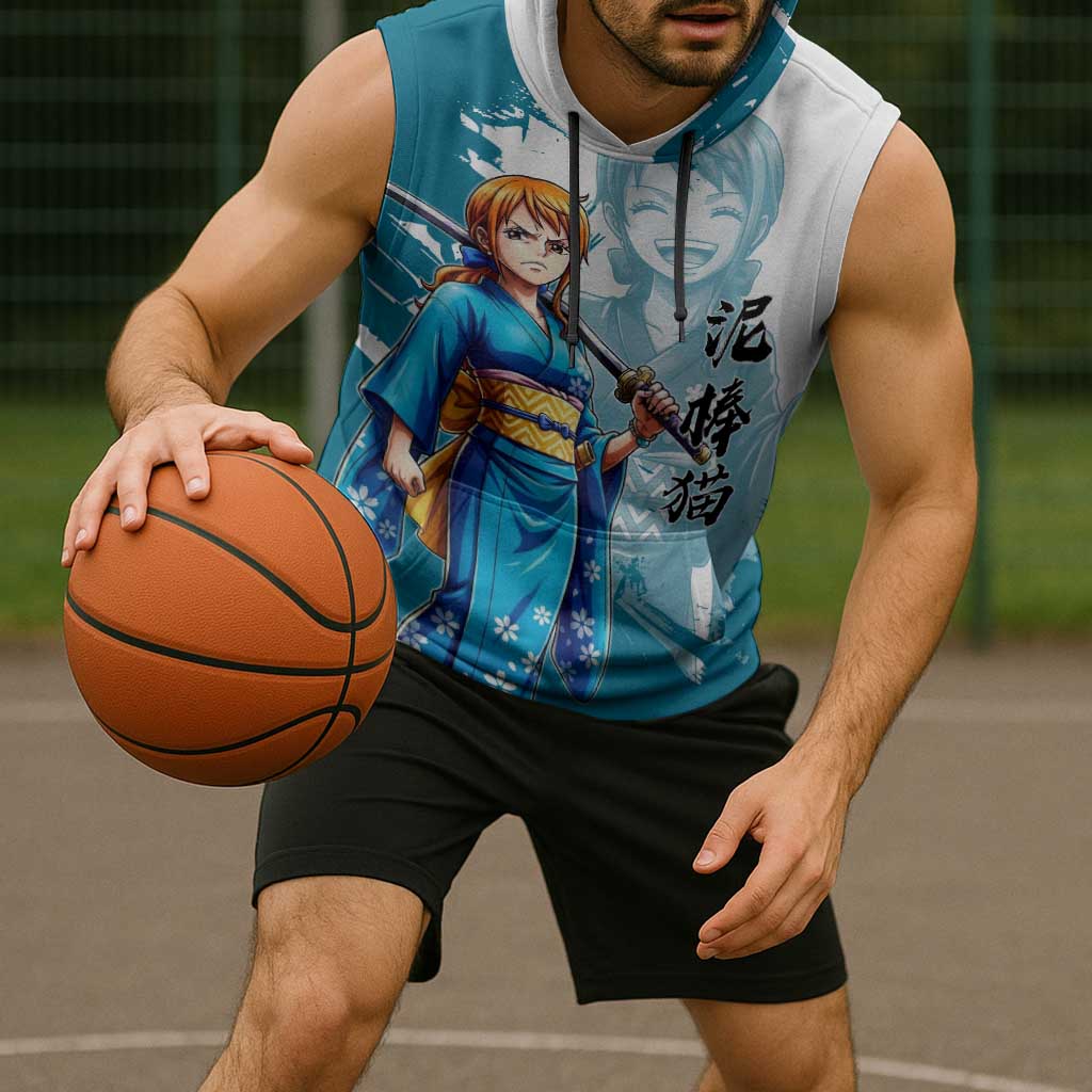 Wano Navigator Nami Sleeveless Hoodie Floral Kimono Anime Brush Art