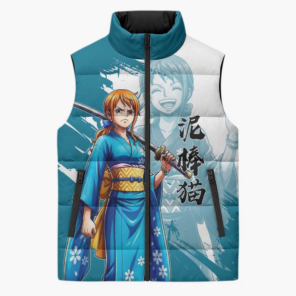Wano Navigator Nami Sleeveless Puffer Jacket Floral Kimono Anime Brush Art