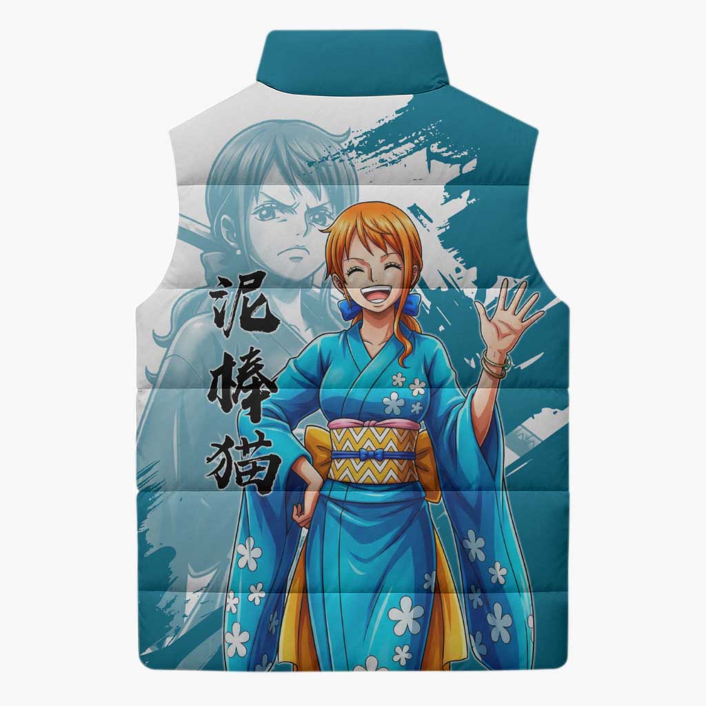 Wano Navigator Nami Sleeveless Puffer Jacket Floral Kimono Anime Brush Art