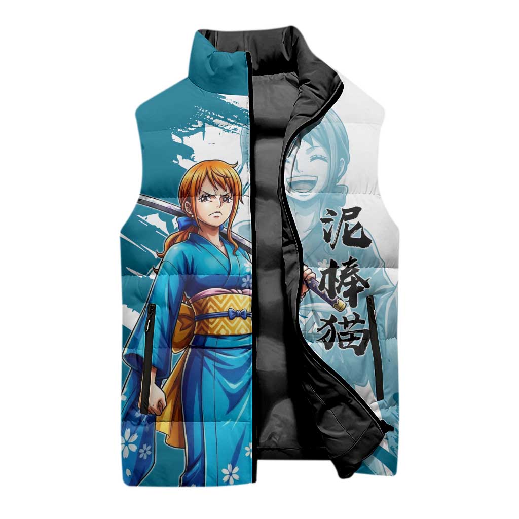Wano Navigator Nami Sleeveless Puffer Jacket Floral Kimono Anime Brush Art