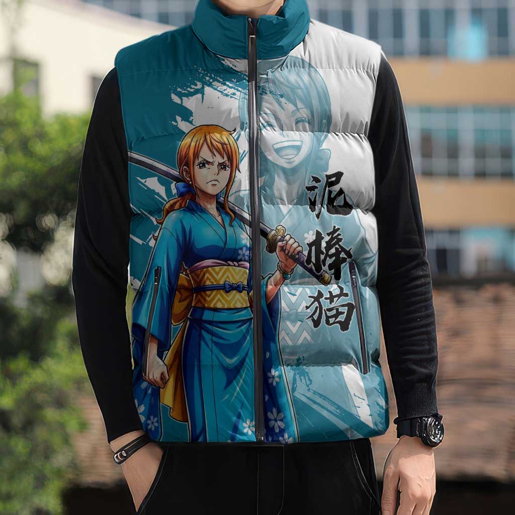 Wano Navigator Nami Sleeveless Puffer Jacket Floral Kimono Anime Brush Art