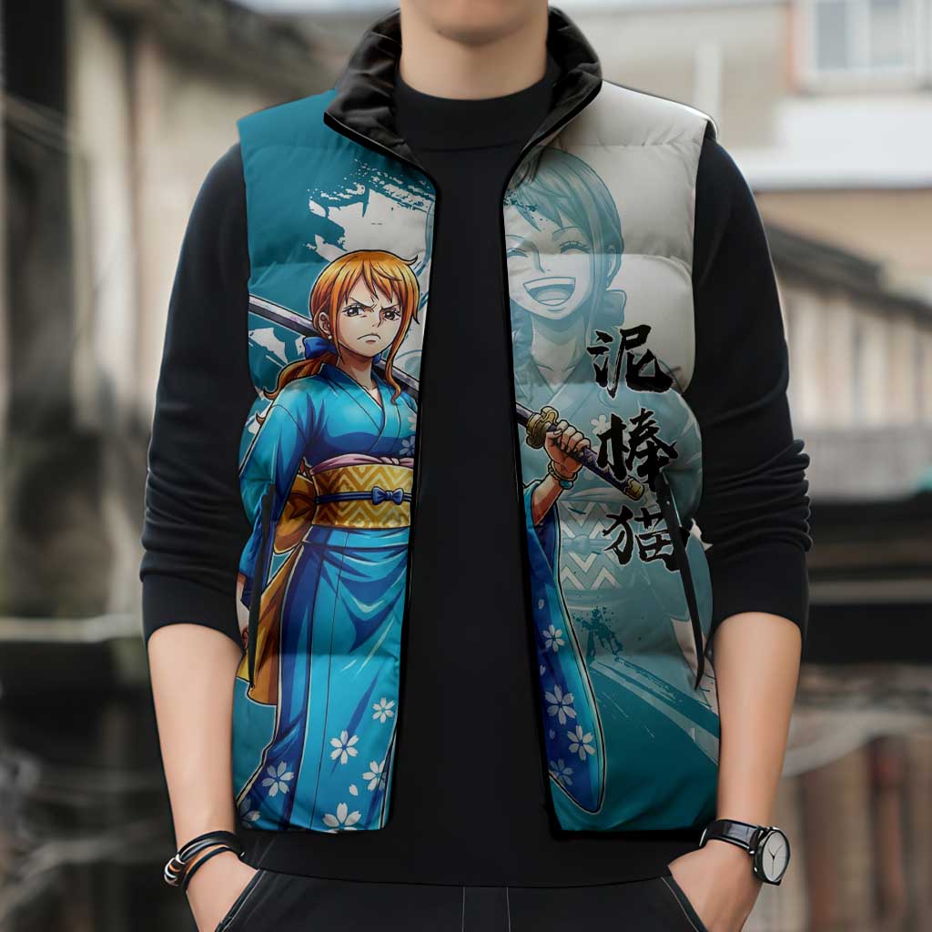 Wano Navigator Nami Sleeveless Puffer Jacket Floral Kimono Anime Brush Art