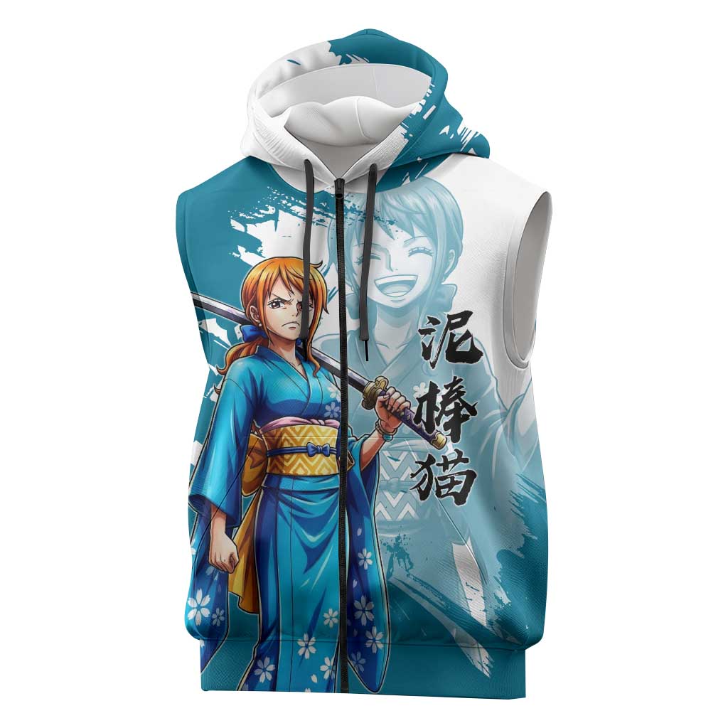 Wano Navigator Nami Sleeveless Zip Hoodie Floral Kimono Anime Brush Art