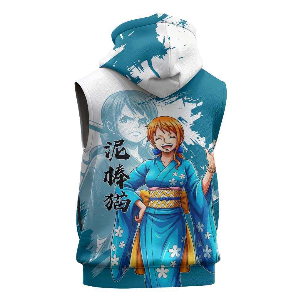 Wano Navigator Nami Sleeveless Zip Hoodie Floral Kimono Anime Brush Art