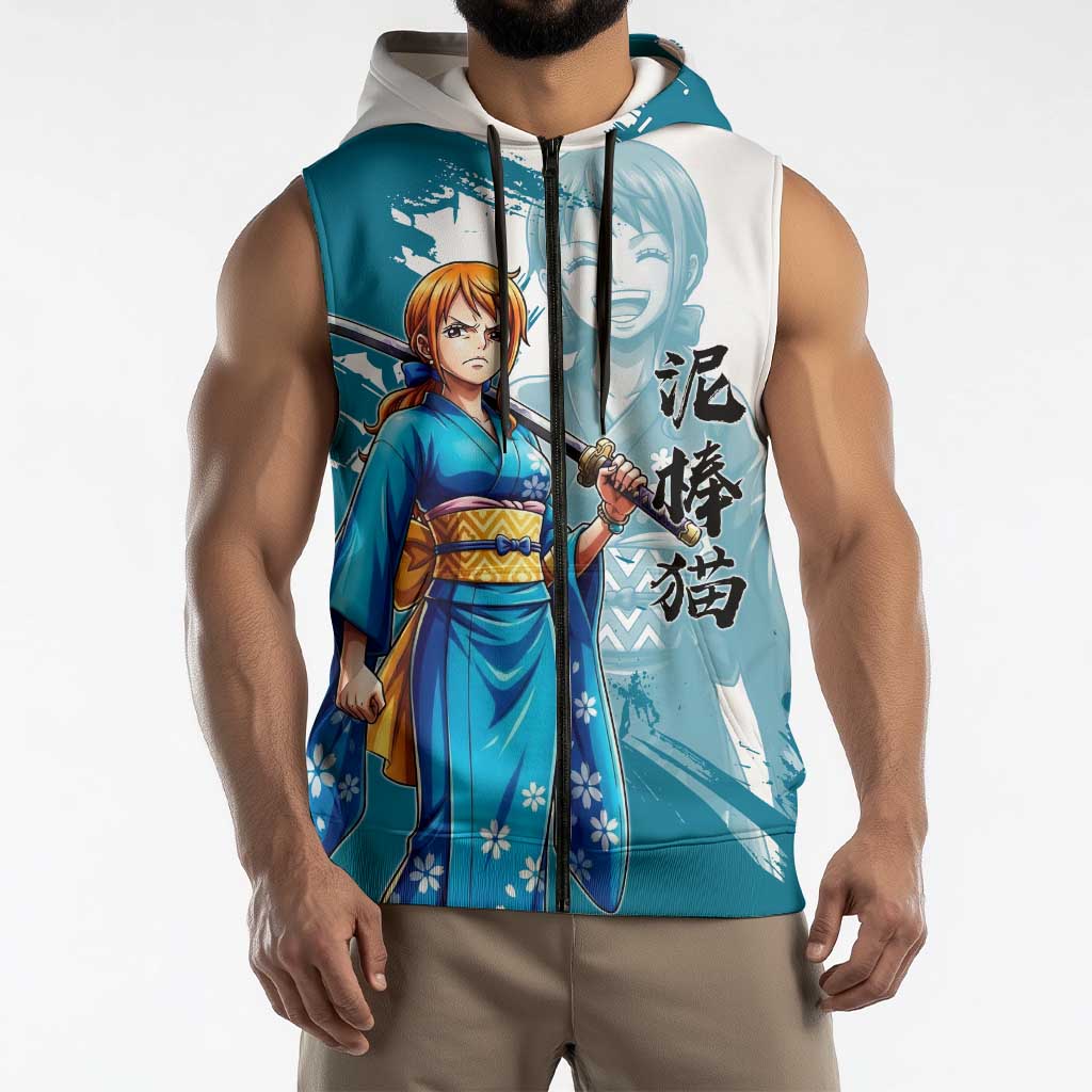 Wano Navigator Nami Sleeveless Zip Hoodie Floral Kimono Anime Brush Art