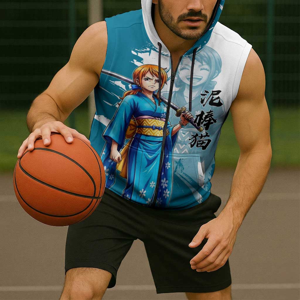 Wano Navigator Nami Sleeveless Zip Hoodie Floral Kimono Anime Brush Art