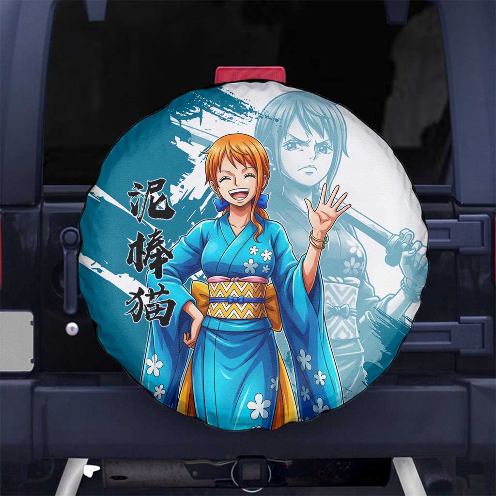 Wano Navigator Nami Spare Tire Cover Floral Kimono Anime Brush Art