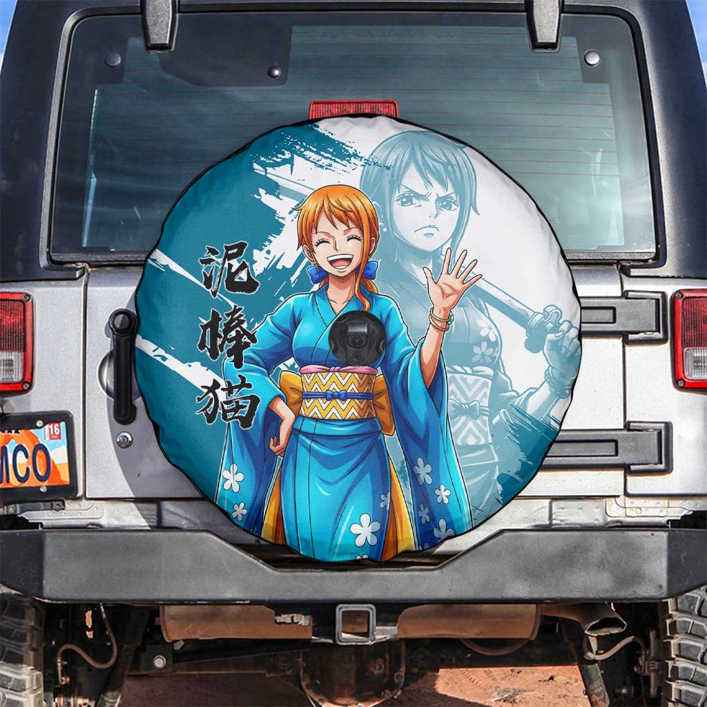 Wano Navigator Nami Spare Tire Cover Floral Kimono Anime Brush Art