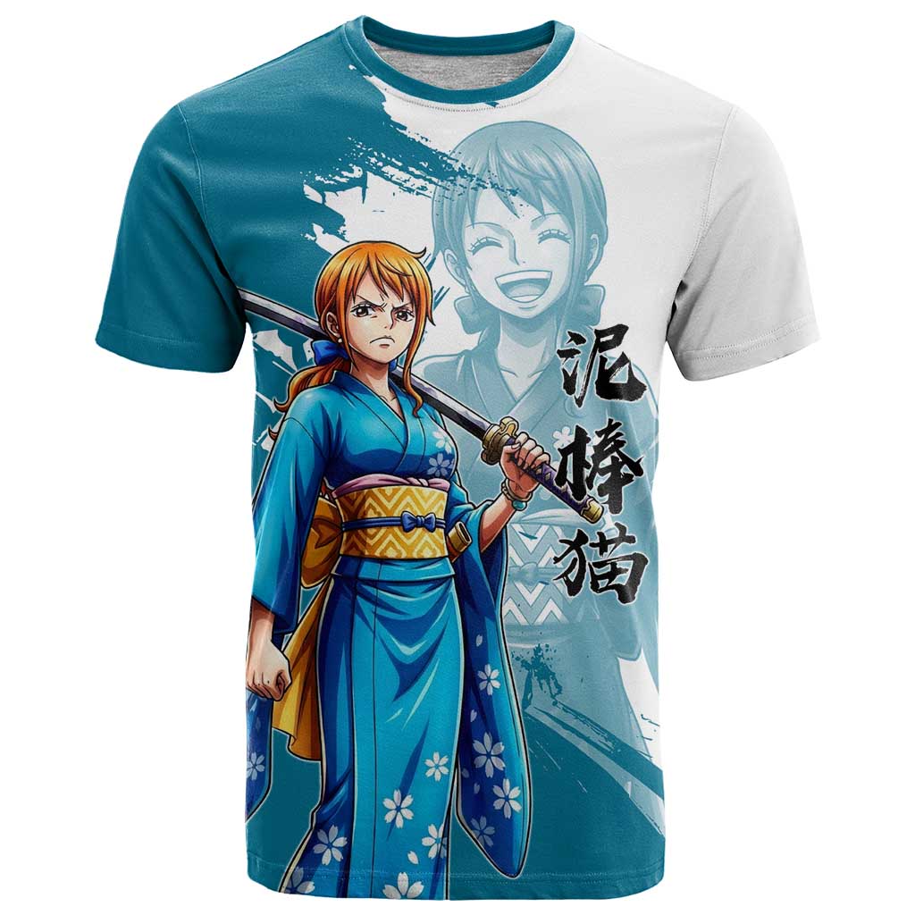 Wano Navigator Nami T Shirt Floral Kimono Anime Brush Art