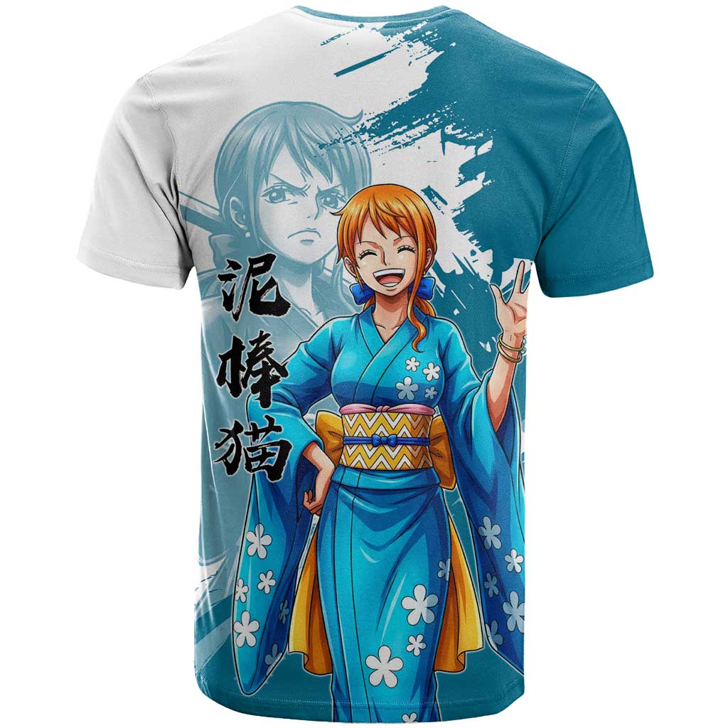 Wano Navigator Nami T Shirt Floral Kimono Anime Brush Art