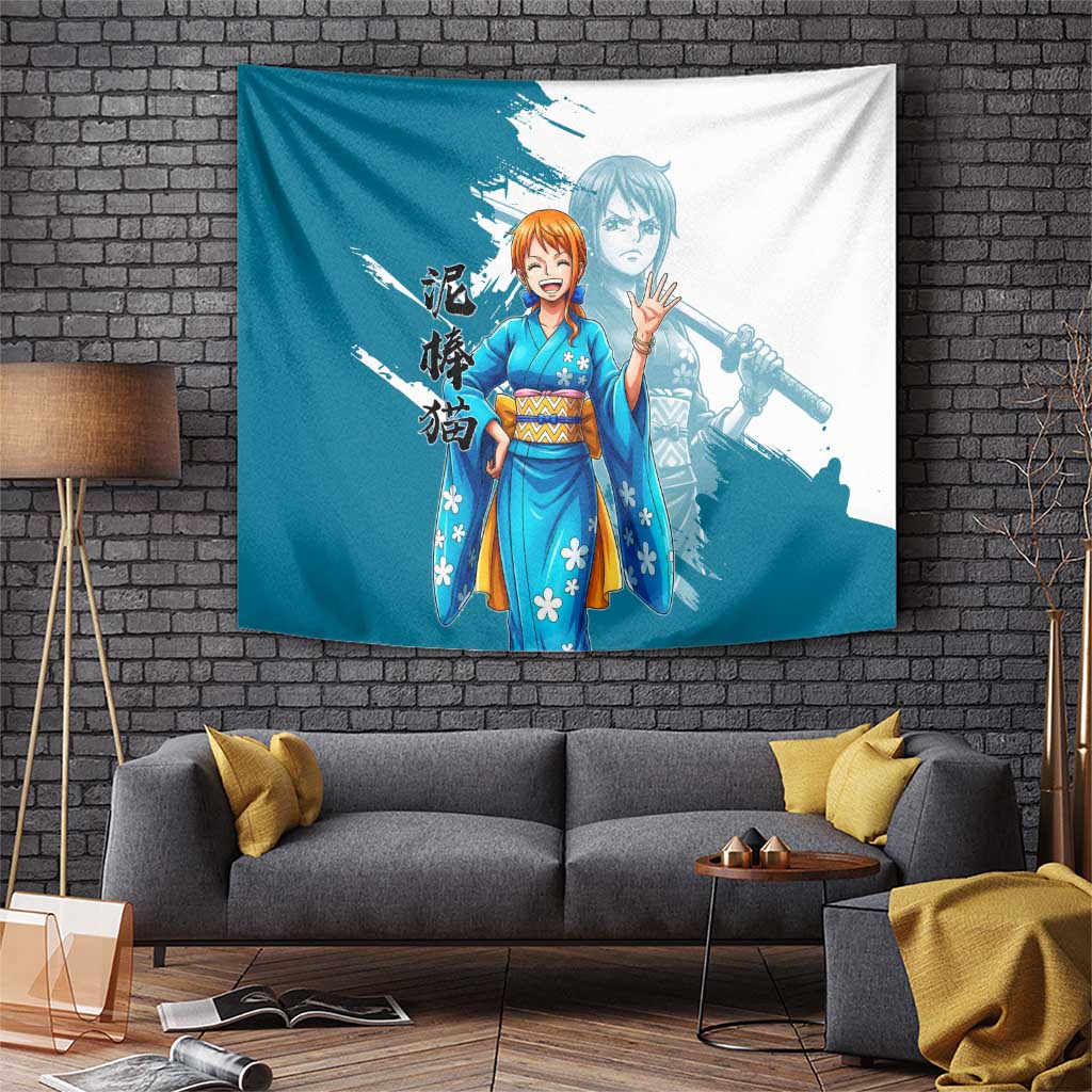 Wano Navigator Nami Tapestry Floral Kimono Anime Brush Art