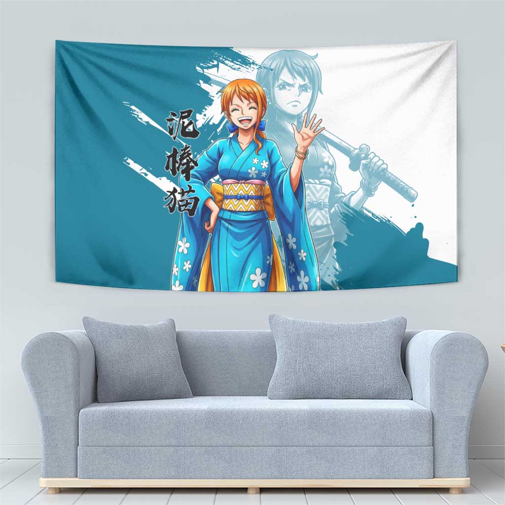 Wano Navigator Nami Tapestry Floral Kimono Anime Brush Art