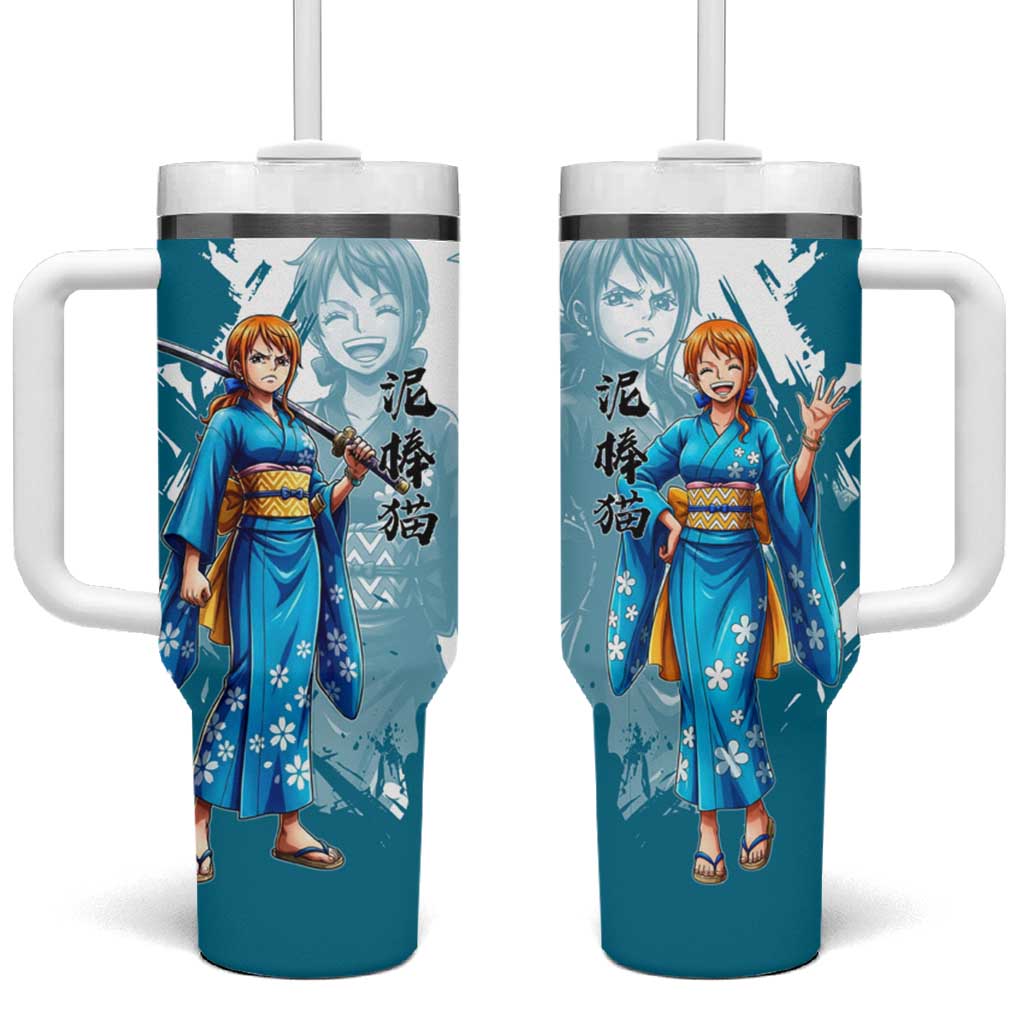 Wano Navigator Nami Tumbler With Handle Floral Kimono Anime Brush Art