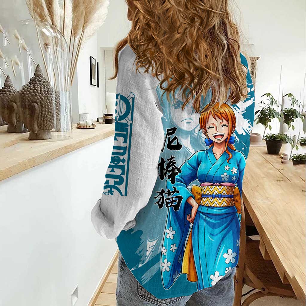 Wano Navigator Nami Women Casual Shirt Floral Kimono Anime Brush Art