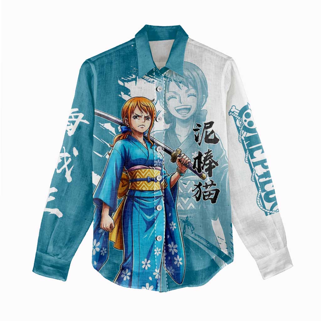 Wano Navigator Nami Women Casual Shirt Floral Kimono Anime Brush Art