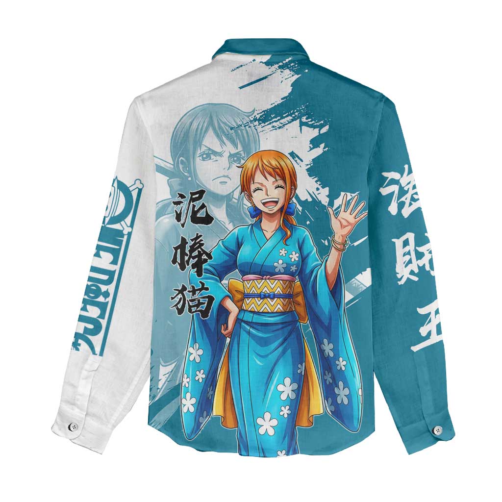 Wano Navigator Nami Women Casual Shirt Floral Kimono Anime Brush Art